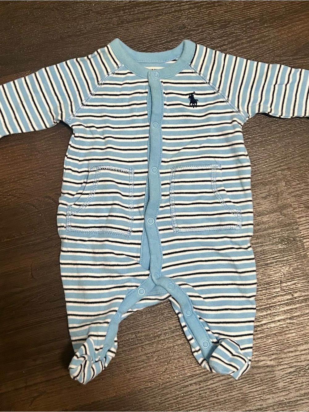 Ralph Lauren Light Blue & White Striped Footed Onesie
